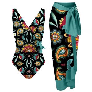 Colorful Print Sling Bikini Set and Cover Up High Waist U Back Design Swimsuit Tummy Wrap Fashion One Piece Swimwear