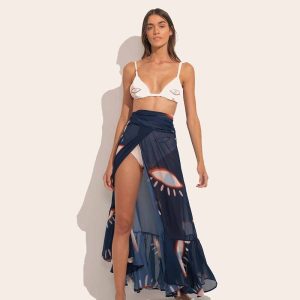 Pastel Pink Eye Print Chic Swimsuit Three Pieces Tube Top Mini bikini Sexy Drawstring Strap Swimwear latest Stylish Robe Plage